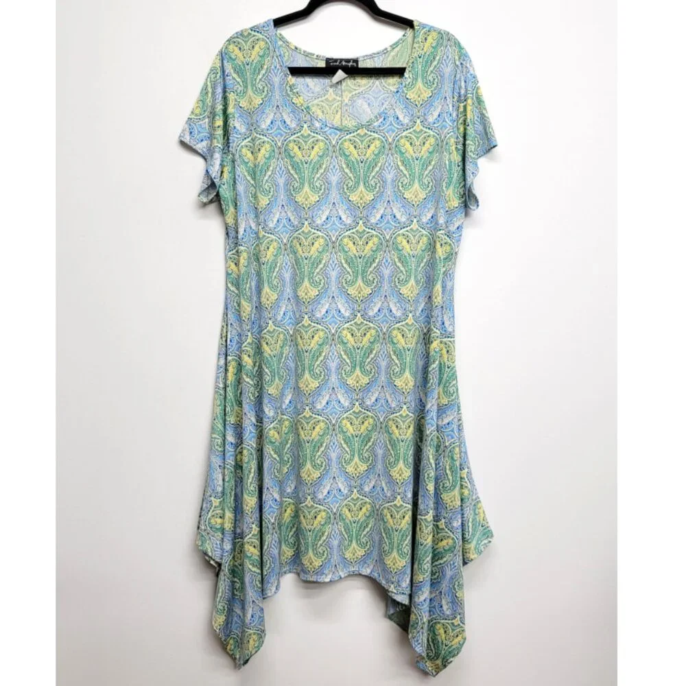 French Astmophere Paisley Short Sleeve Asymmetrical Dress 2X